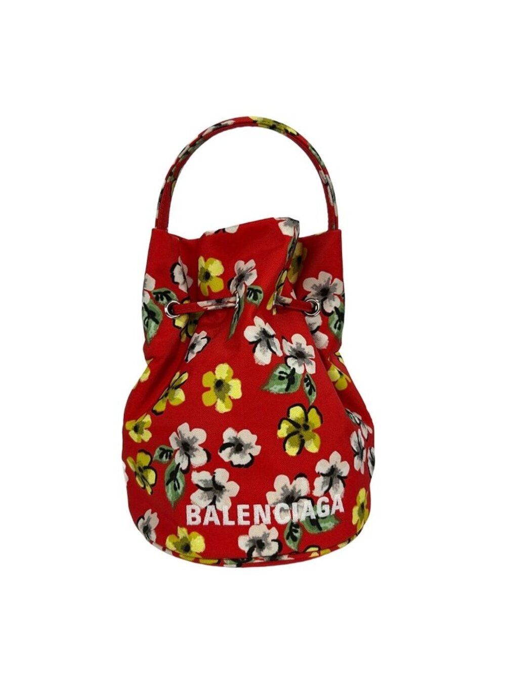 Balenciaga Drawstring Bucket Bag Red Yellow Multi Floral Pattern